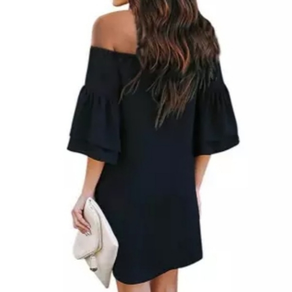 Black Off Shoulder Ruffled Sleeve Dress - Picture 2 of 4